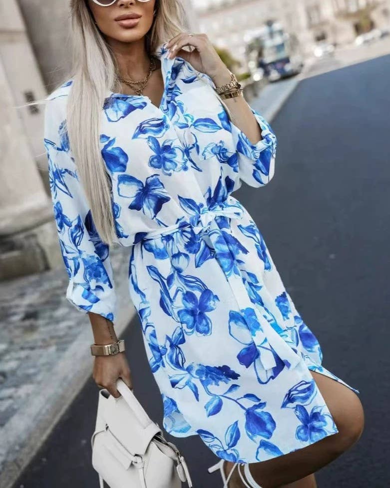 Watercolor Floral Drawstring Waist Shirt Dress