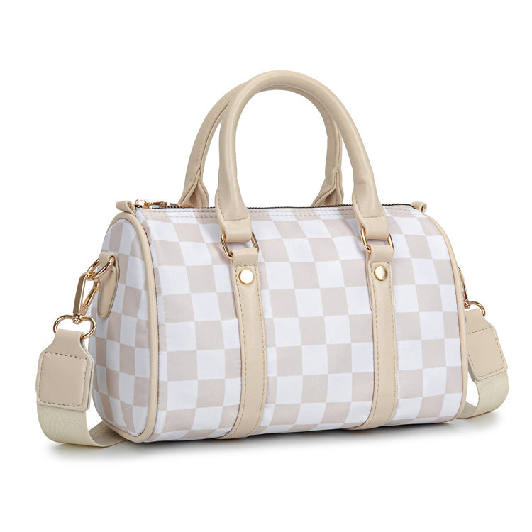 Checkerboard Print Boston Bag With Wide Strap - Beige