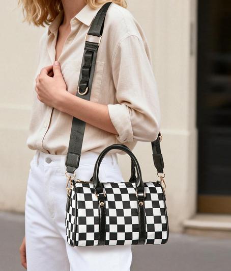 Checkerboard Print Boston Bag With Wide Strap - Black