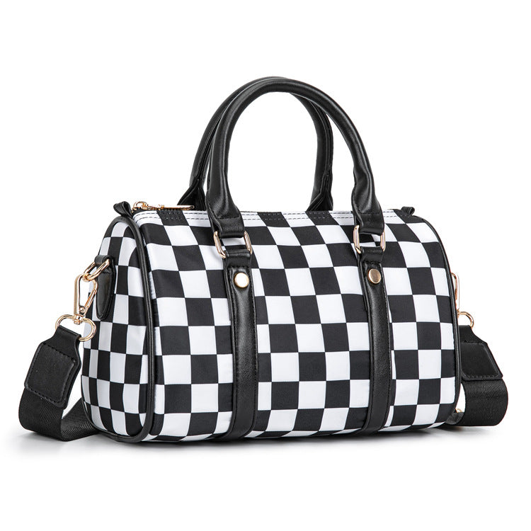 Checkerboard Print Boston Bag With Wide Strap - Black - 1