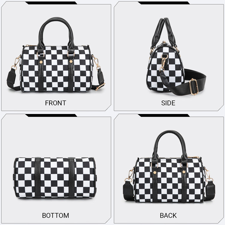 Checkerboard Print Boston Bag With Wide Strap - Black - 2