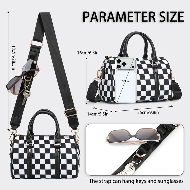 Checkerboard Print Boston Bag With Wide Strap - Black - 3
