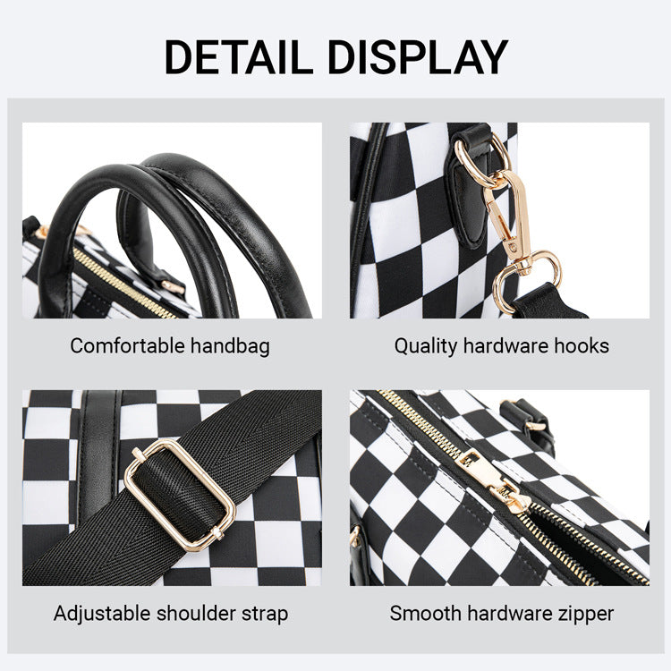 Checkerboard Print Boston Bag With Wide Strap - Black - 6