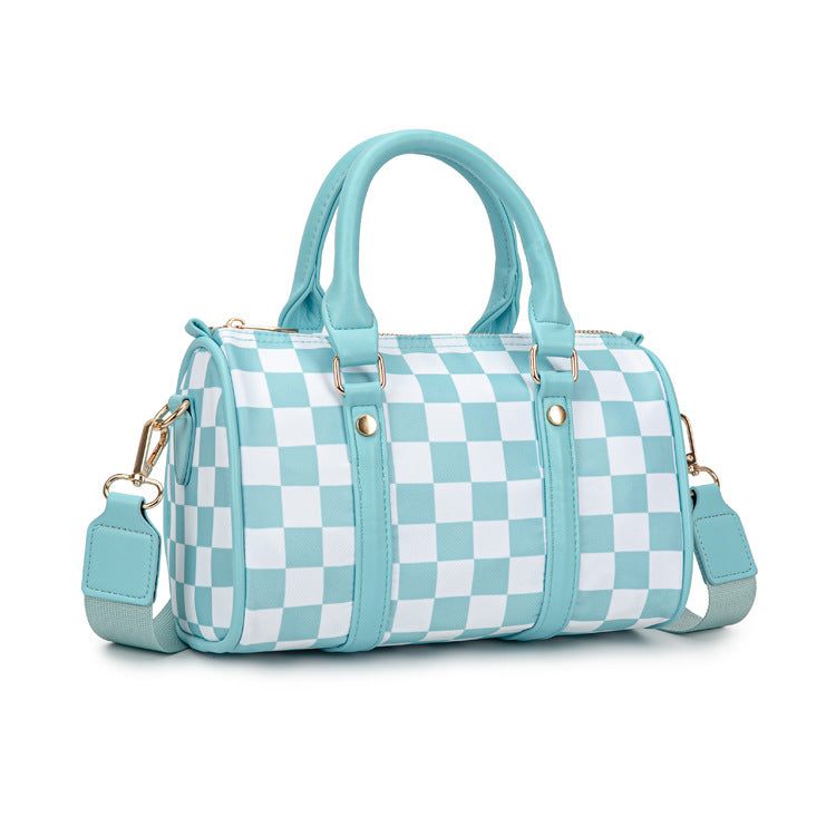 Checkerboard Print Boston Bag With Wide Strap - Blue