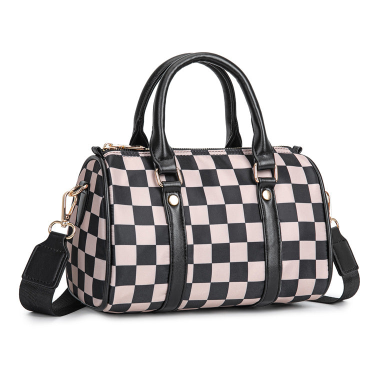 Checkerboard Print Boston Bag With Wide Strap - Brown