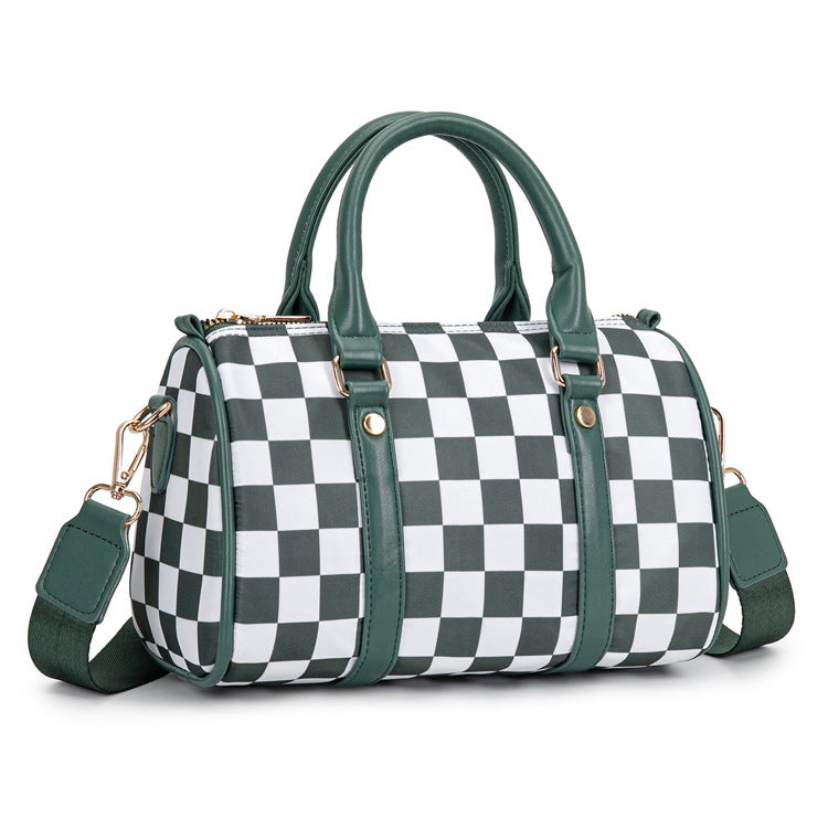 Checkerboard Print Boston Bag With Wide Strap - Green