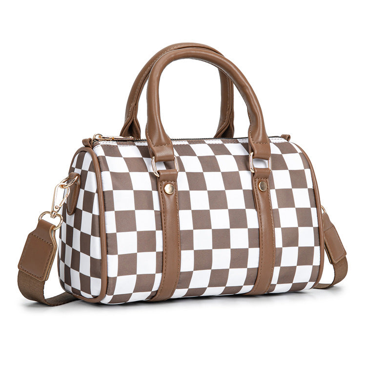 Checkerboard Print Boston Bag With Wide Strap - Khaki