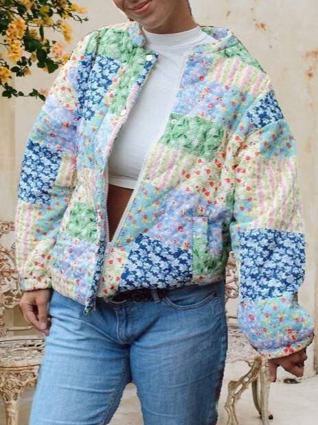 Patchwork Floral Quilted Snap Front Jacket - Floral