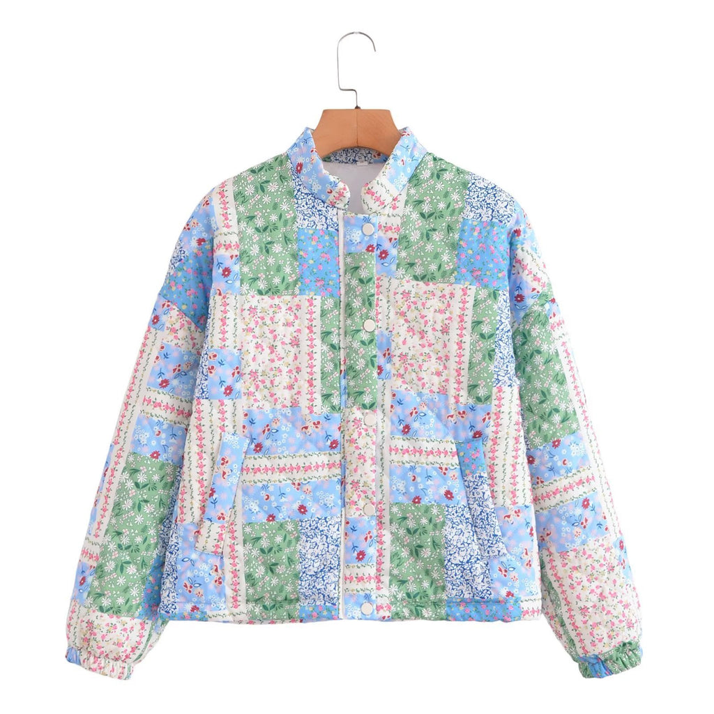 Patchwork Floral Quilted Snap Front Jacket - Floral - 1