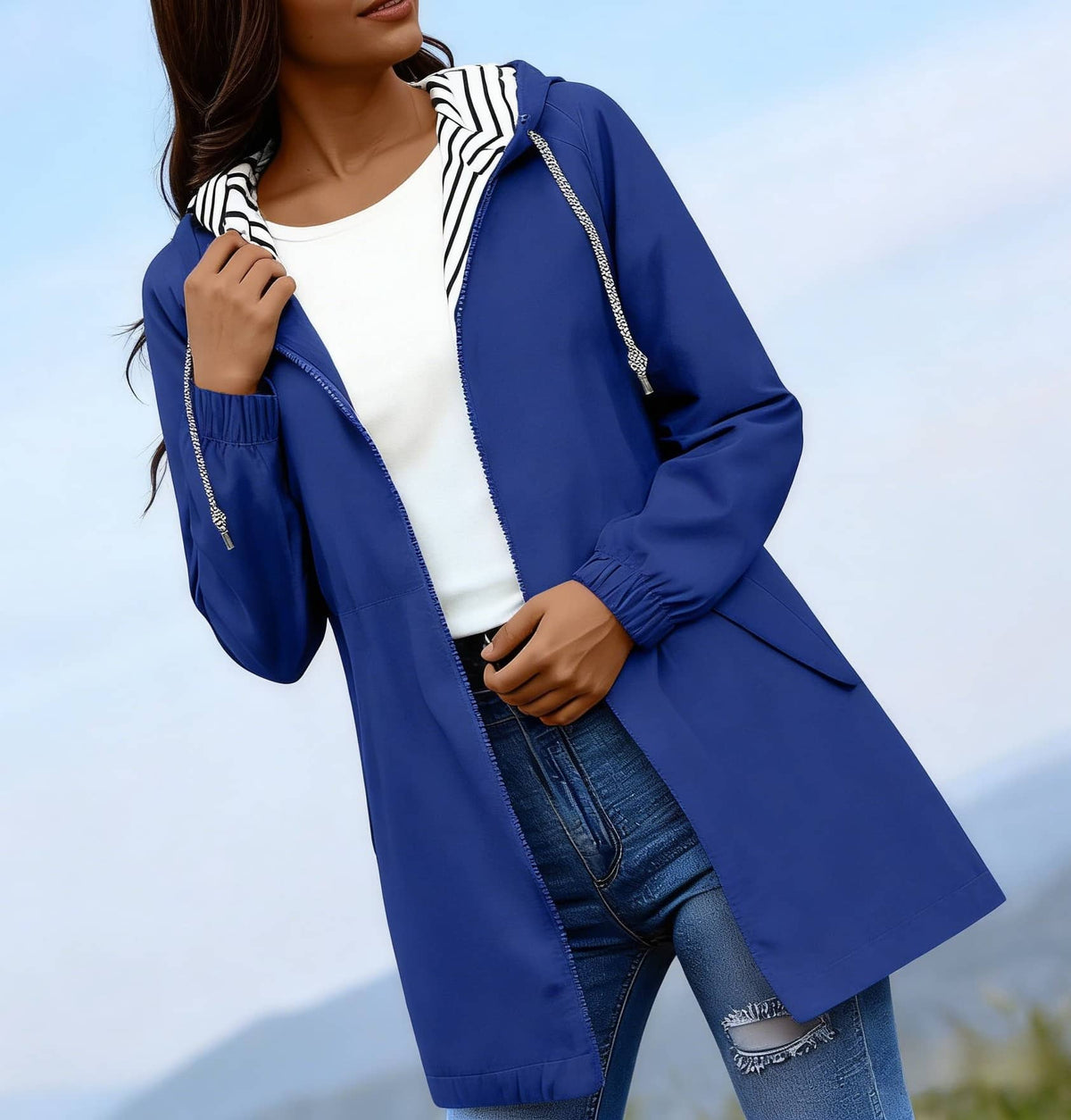 Hooded Longline Waterproof Rain Jacket With Pockets - Blue - 1