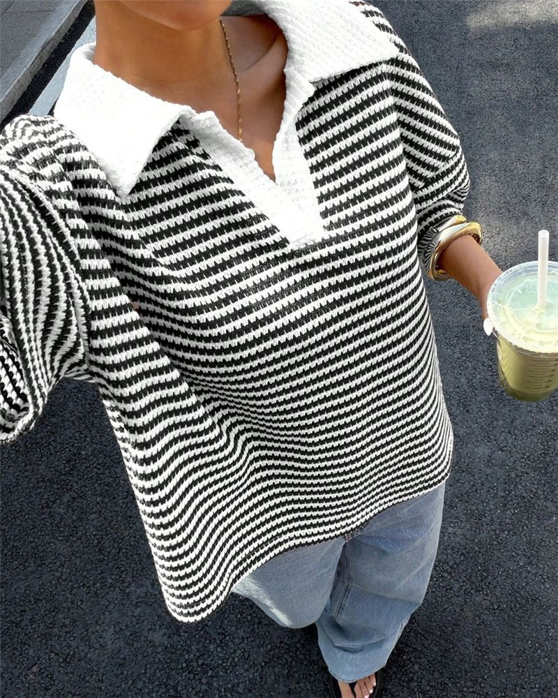 Contrast Collar Striped Knit Oversized Polo Tee - Black