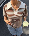 Contrast Collar Striped Knit Oversized Polo Tee - Curry