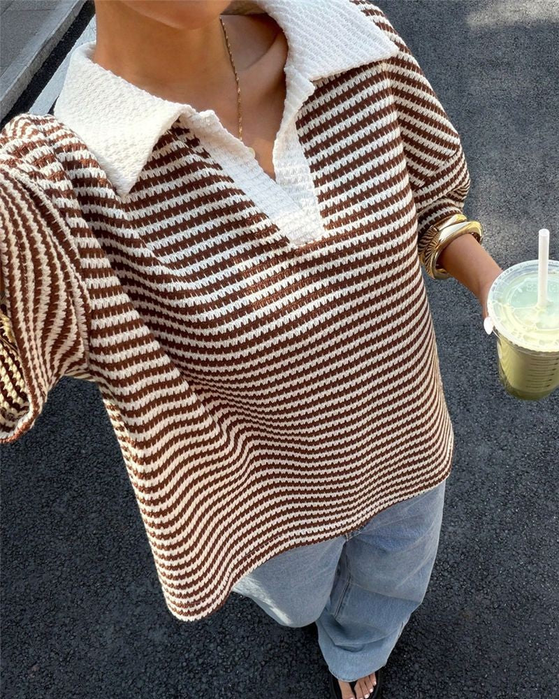 Contrast Collar Striped Knit Oversized Polo Tee - Curry - 1