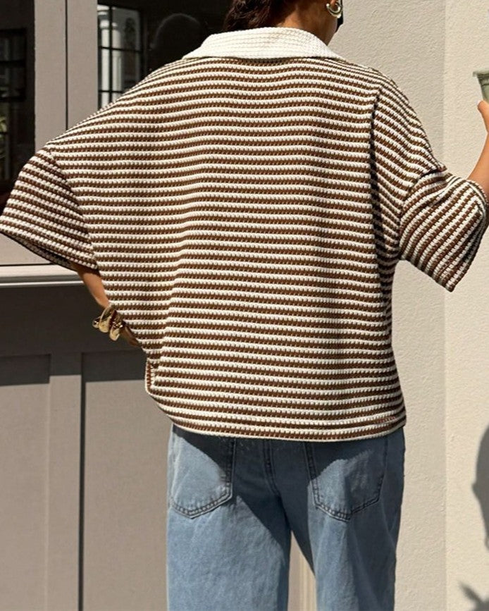 Contrast Collar Striped Knit Oversized Polo Tee - Curry - 2