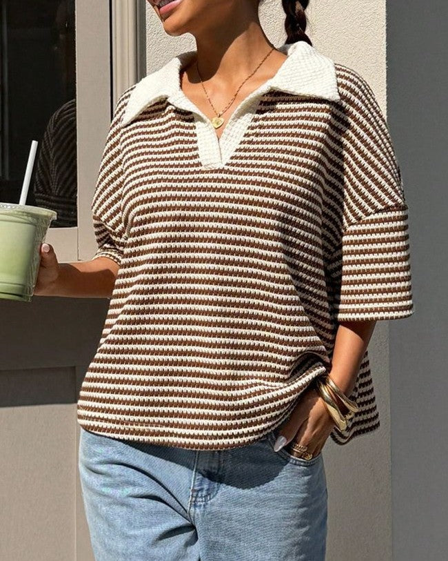 Contrast Collar Striped Knit Oversized Polo Tee - Curry - 3
