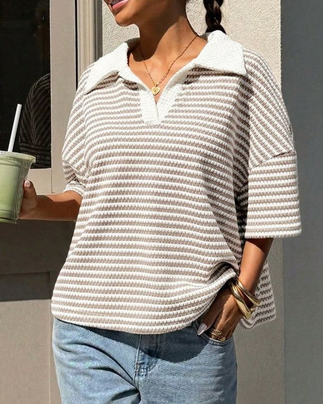 Contrast Collar Striped Knit Oversized Polo Tee - Khaki