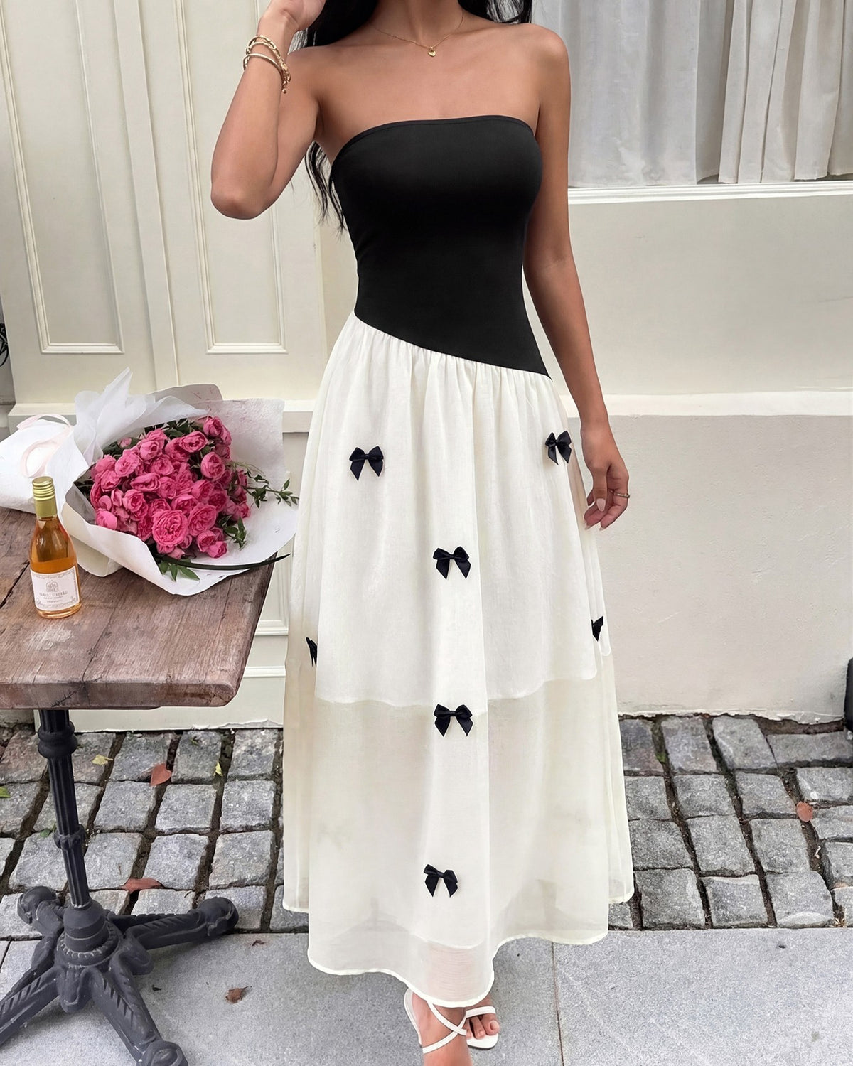 Strapless Bow Applique Tiered Maxi Dress - Black - 1