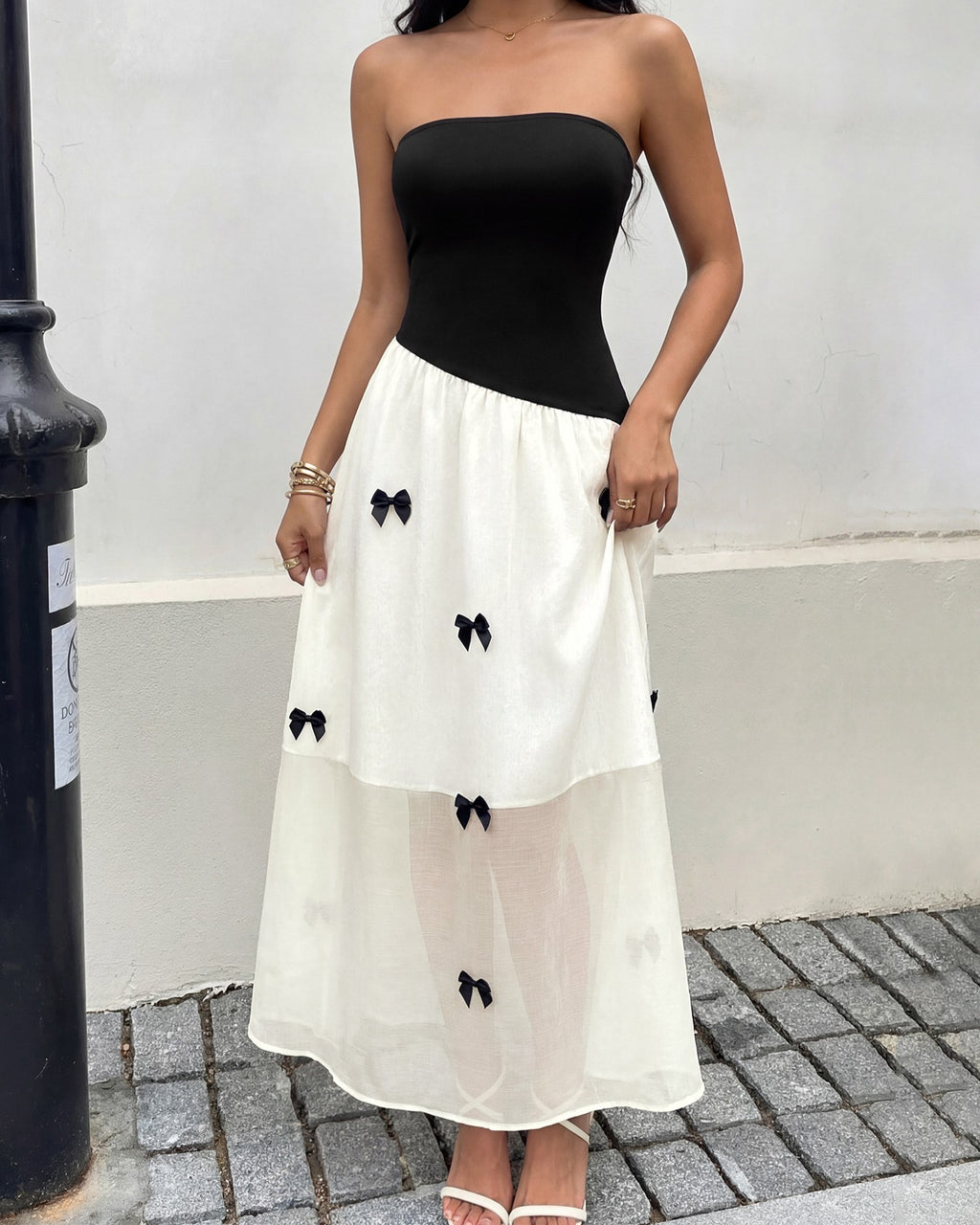 Strapless Bow Applique Tiered Maxi Dress - Black - 3