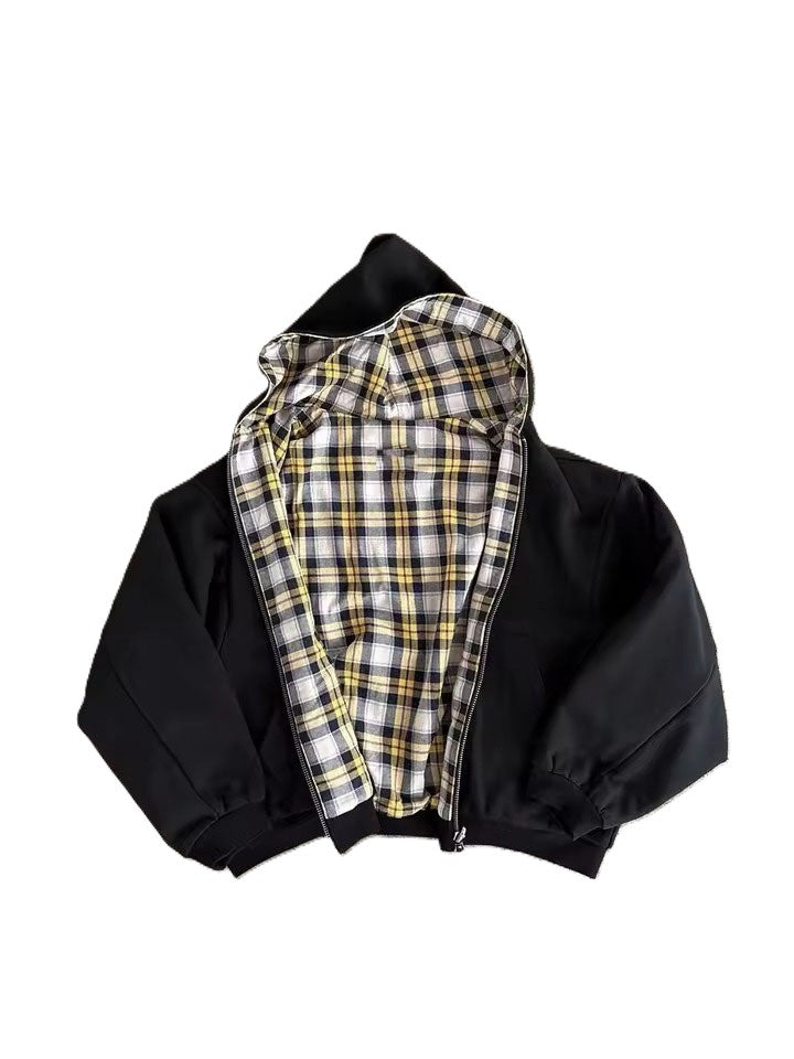 Reversible Plaid Zip Up Hooded Jacket - Yellow