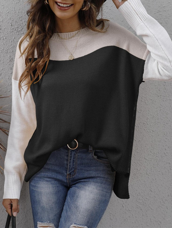 Two Tone Yoke Slouchy Knit Top - Black