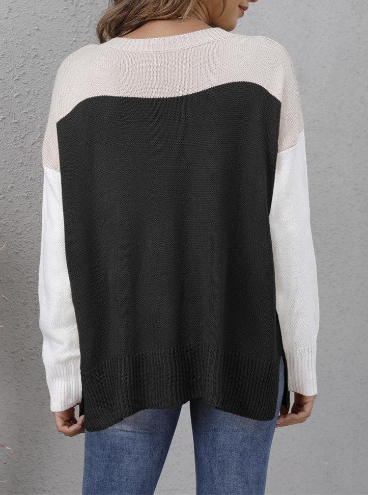 Two Tone Yoke Slouchy Knit Top - Black - 1