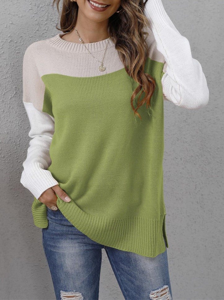 Two Tone Yoke Slouchy Knit Top - Green - 1
