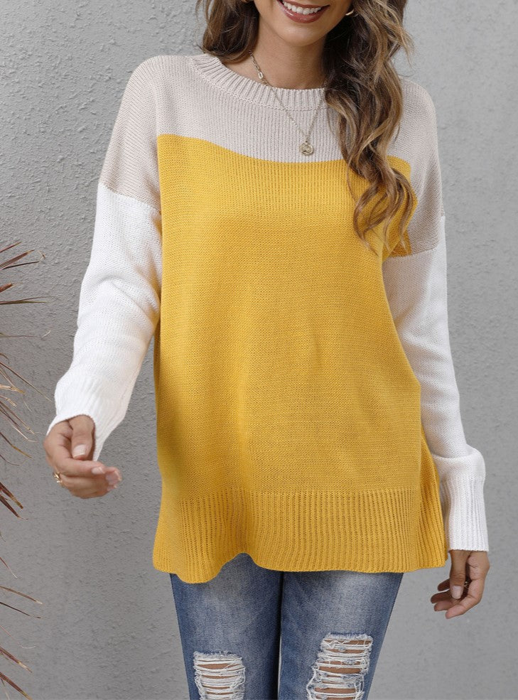 Two Tone Yoke Slouchy Knit Top - Yellow