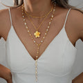 Faux Pearl Flower Pendant Layered Lariat Necklace Set - Gold