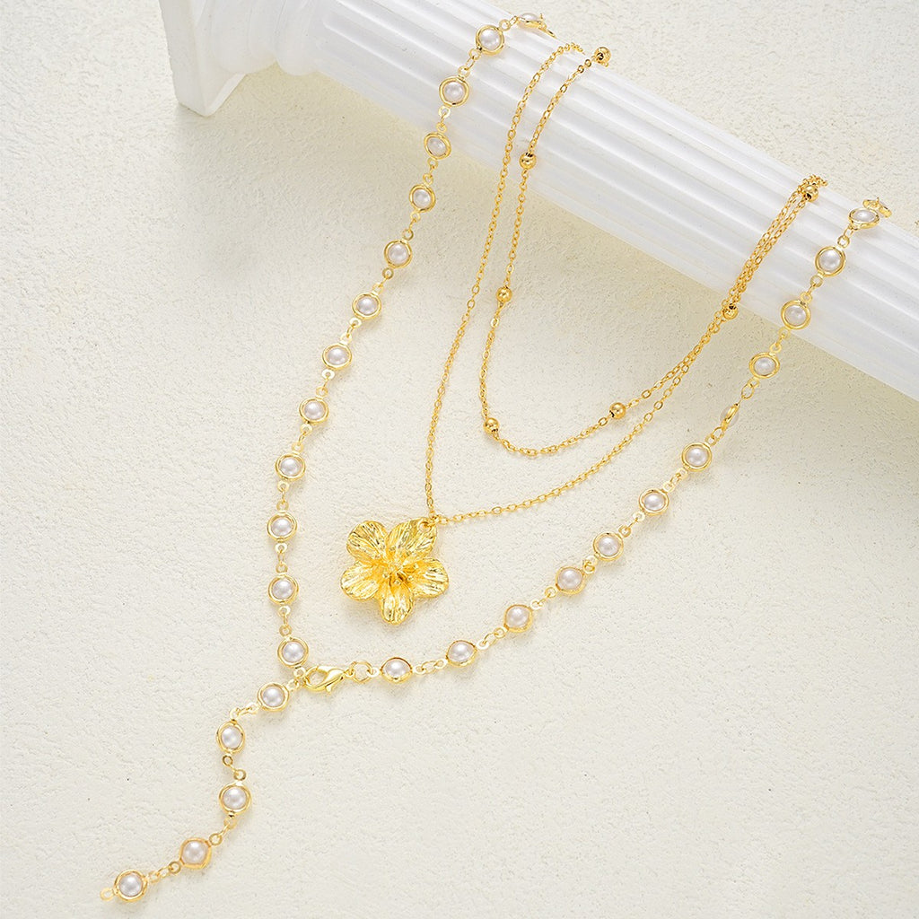 Faux Pearl Flower Pendant Layered Lariat Necklace Set