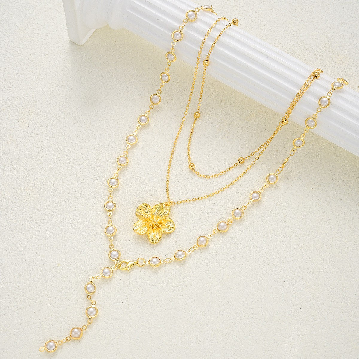 Faux Pearl Flower Pendant Layered Lariat Necklace Set