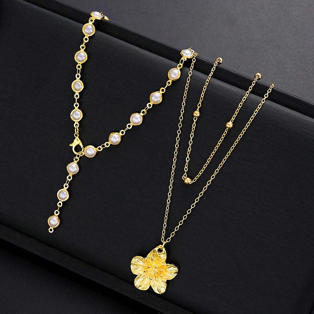 Faux Pearl Flower Pendant Layered Lariat Necklace Set