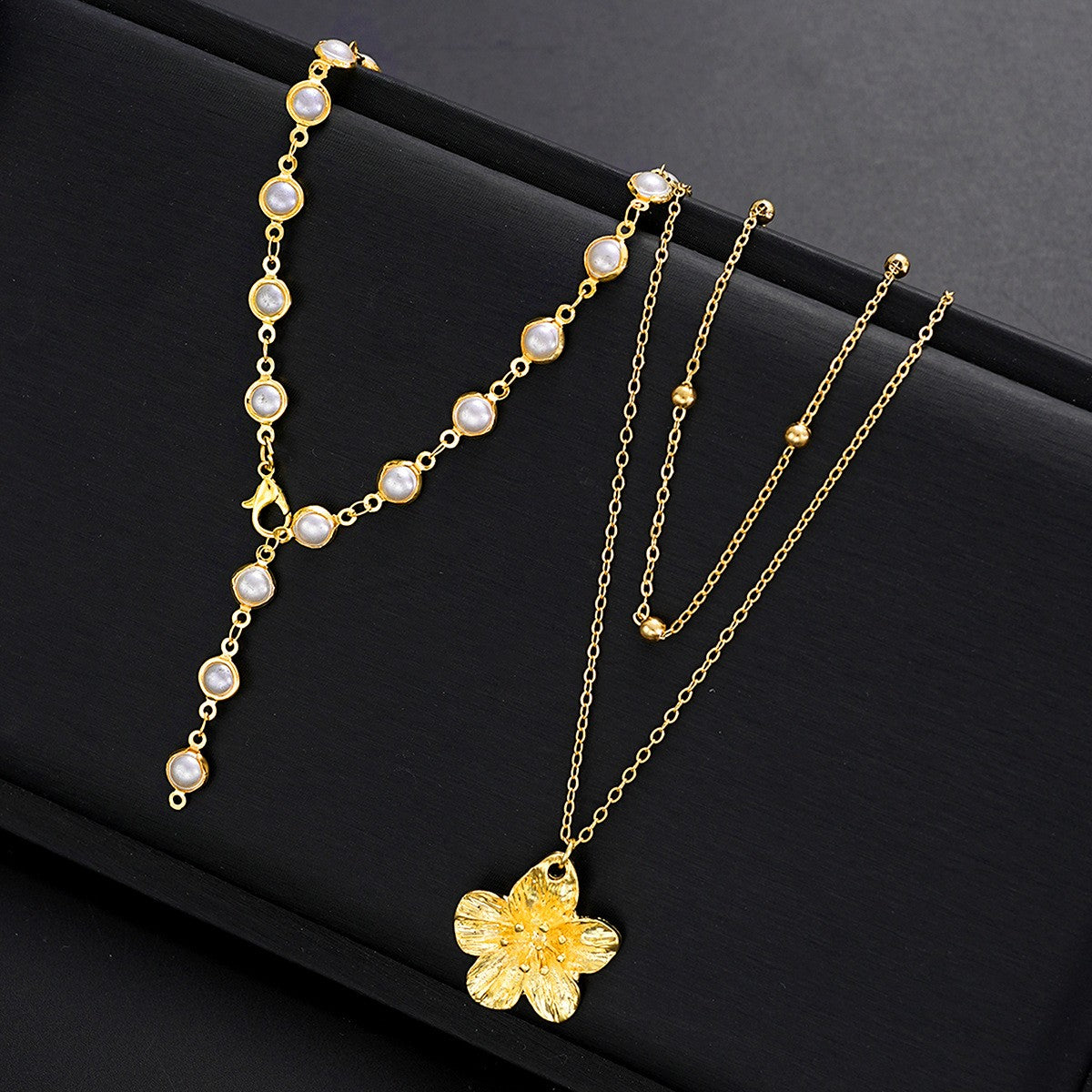 Faux Pearl Flower Pendant Layered Lariat Necklace Set