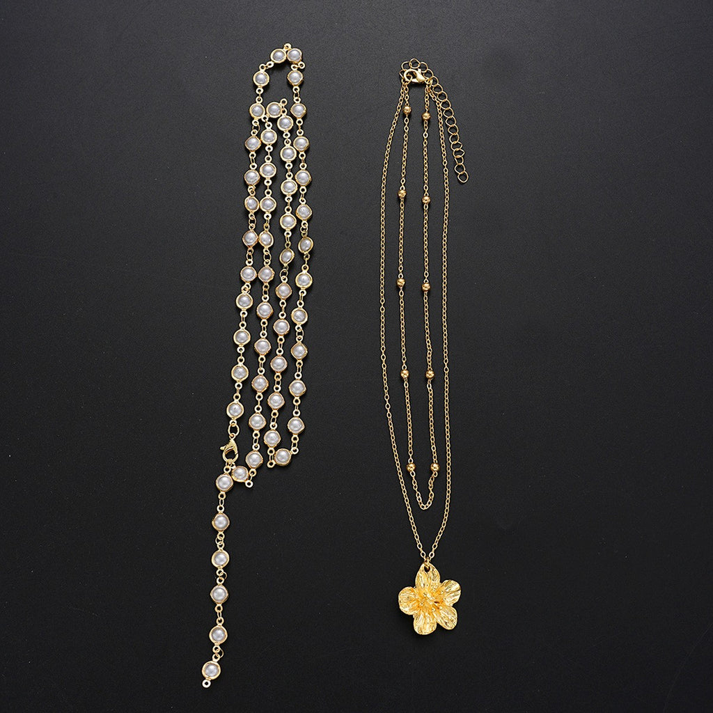 Faux Pearl Flower Pendant Layered Lariat Necklace Set