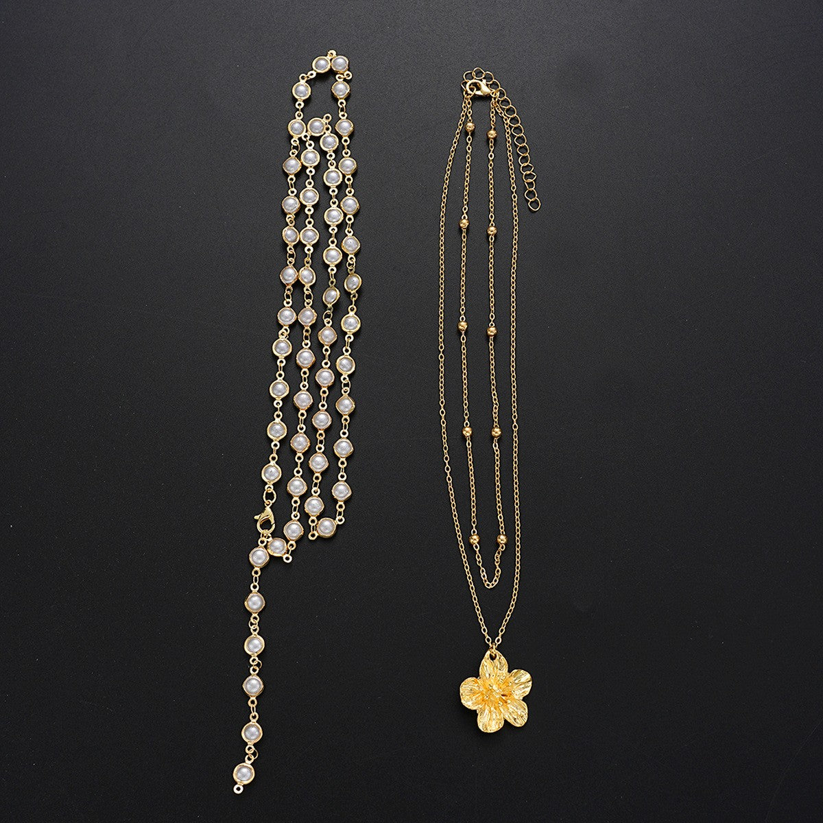 Faux Pearl Flower Pendant Layered Lariat Necklace Set