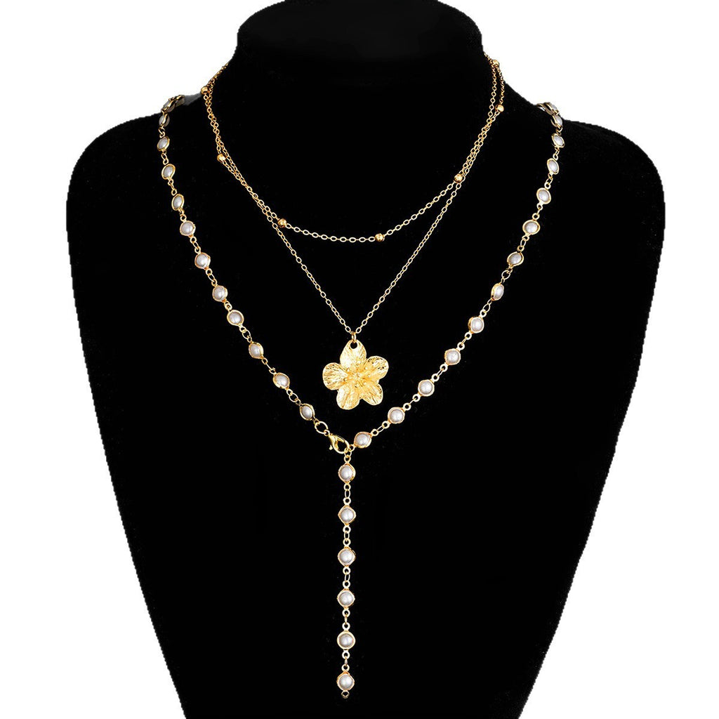 Faux Pearl Flower Pendant Layered Lariat Necklace Set