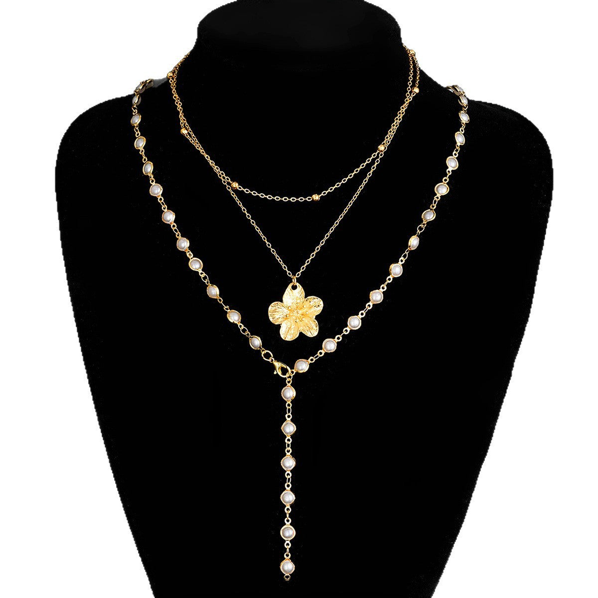 Faux Pearl Flower Pendant Layered Lariat Necklace Set