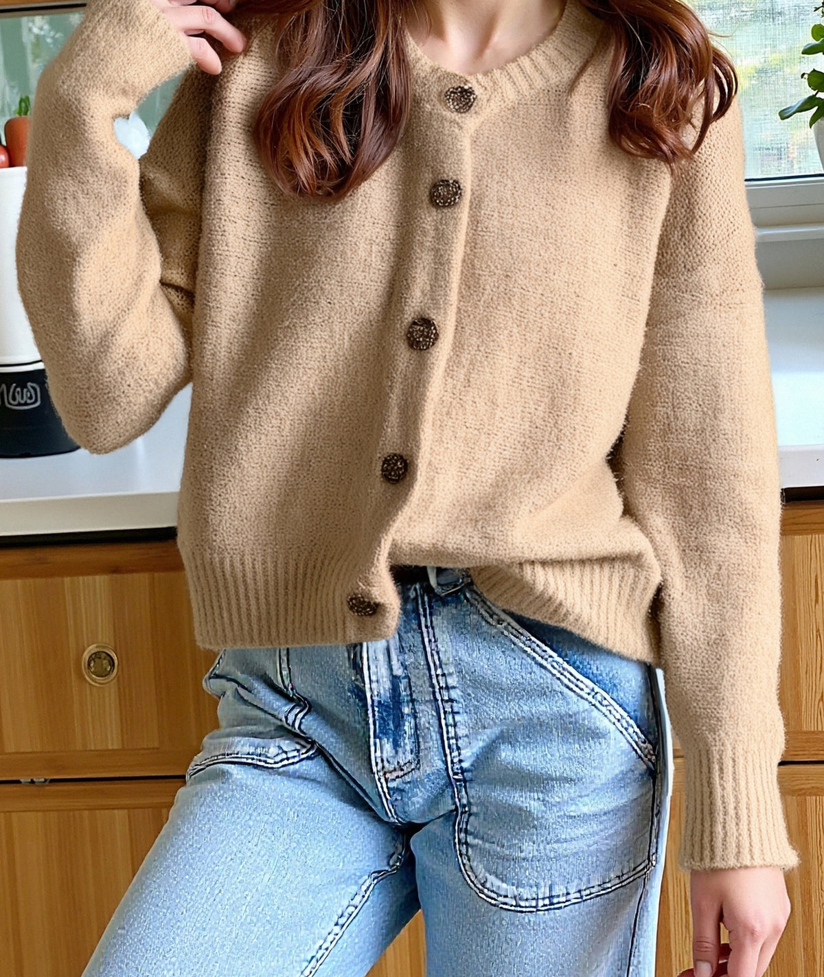 Round Neck Button Front Knit Sweater - Apricot