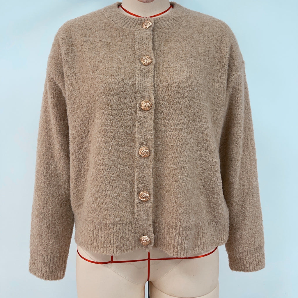 Round Neck Button Front Knit Sweater - Apricot - 1