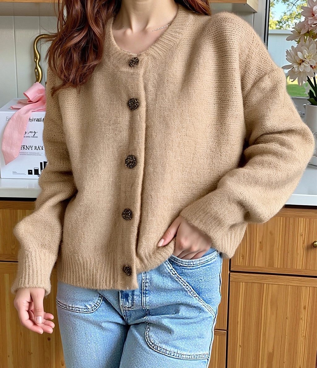Round Neck Button Front Knit Sweater - Apricot - 2