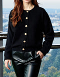 Round Neck Button Front Knit Sweater - Black
