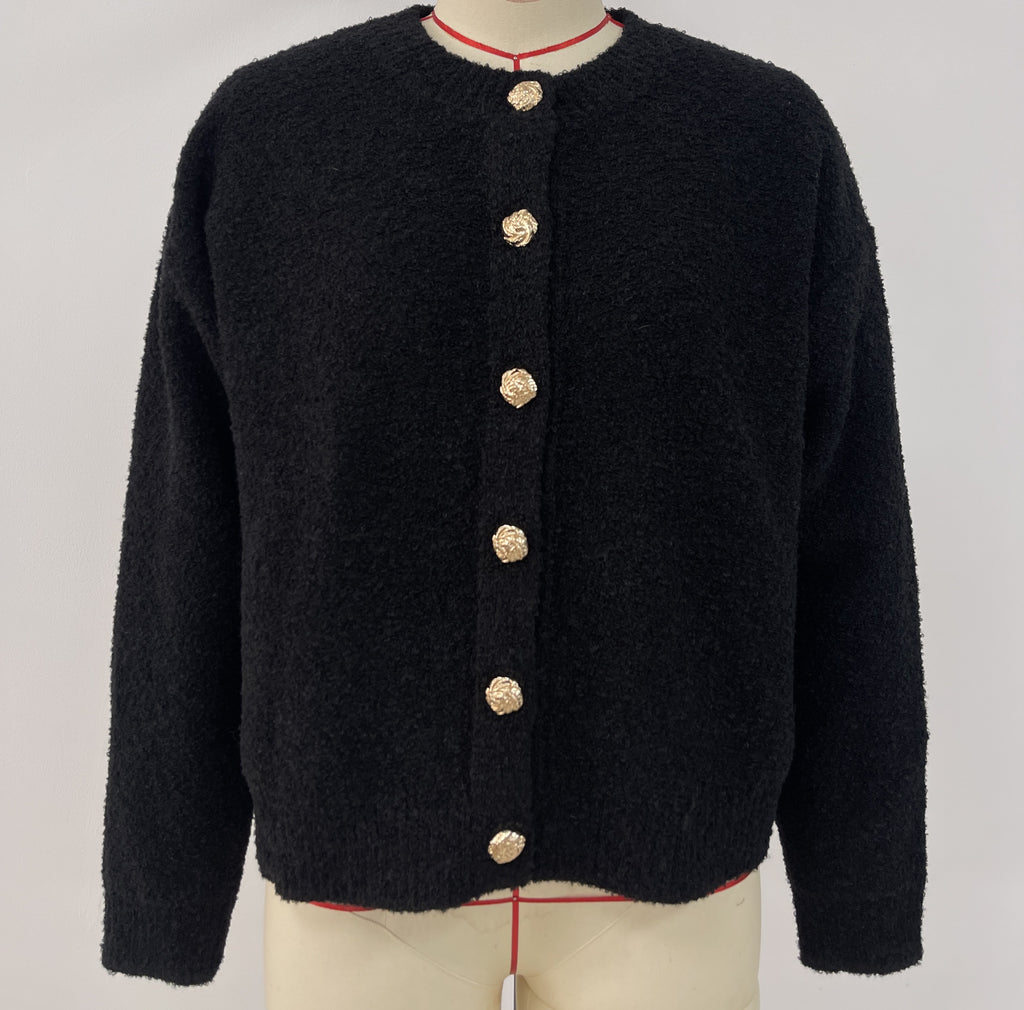 Round Neck Button Front Knit Sweater - Black - 1