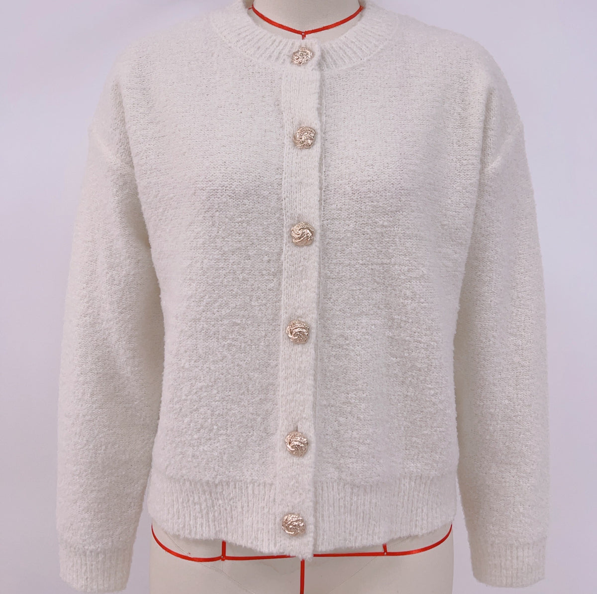 Round Neck Button Front Knit Sweater - White