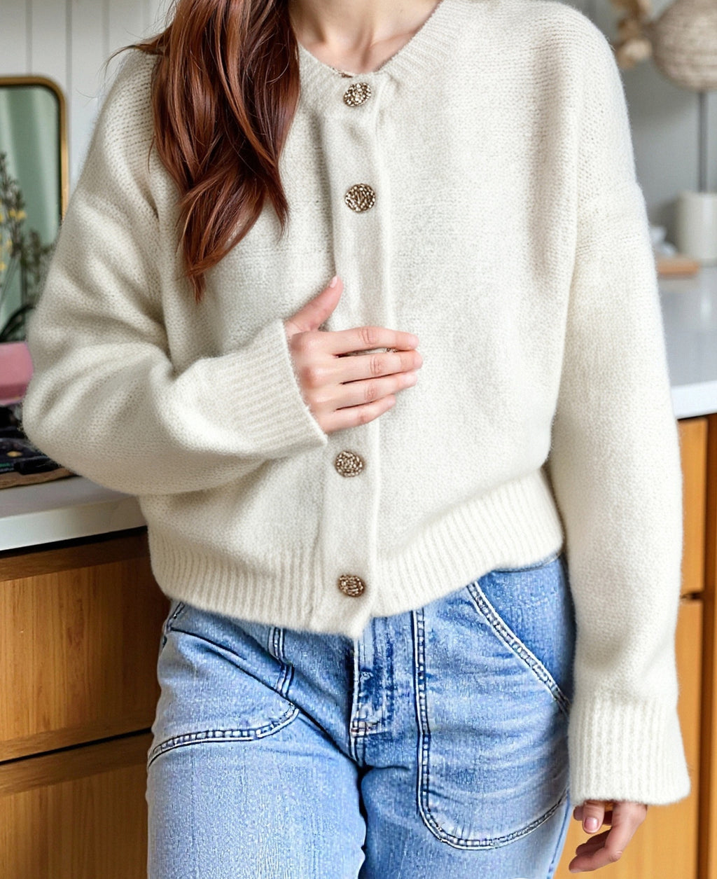 Round Neck Button Front Knit Sweater - White - 1