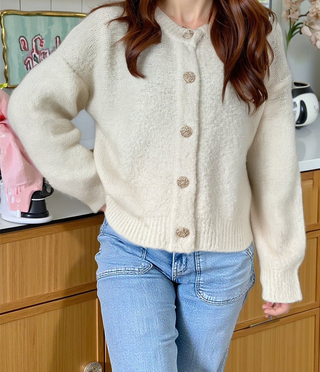 Round Neck Button Front Knit Sweater - White - 2