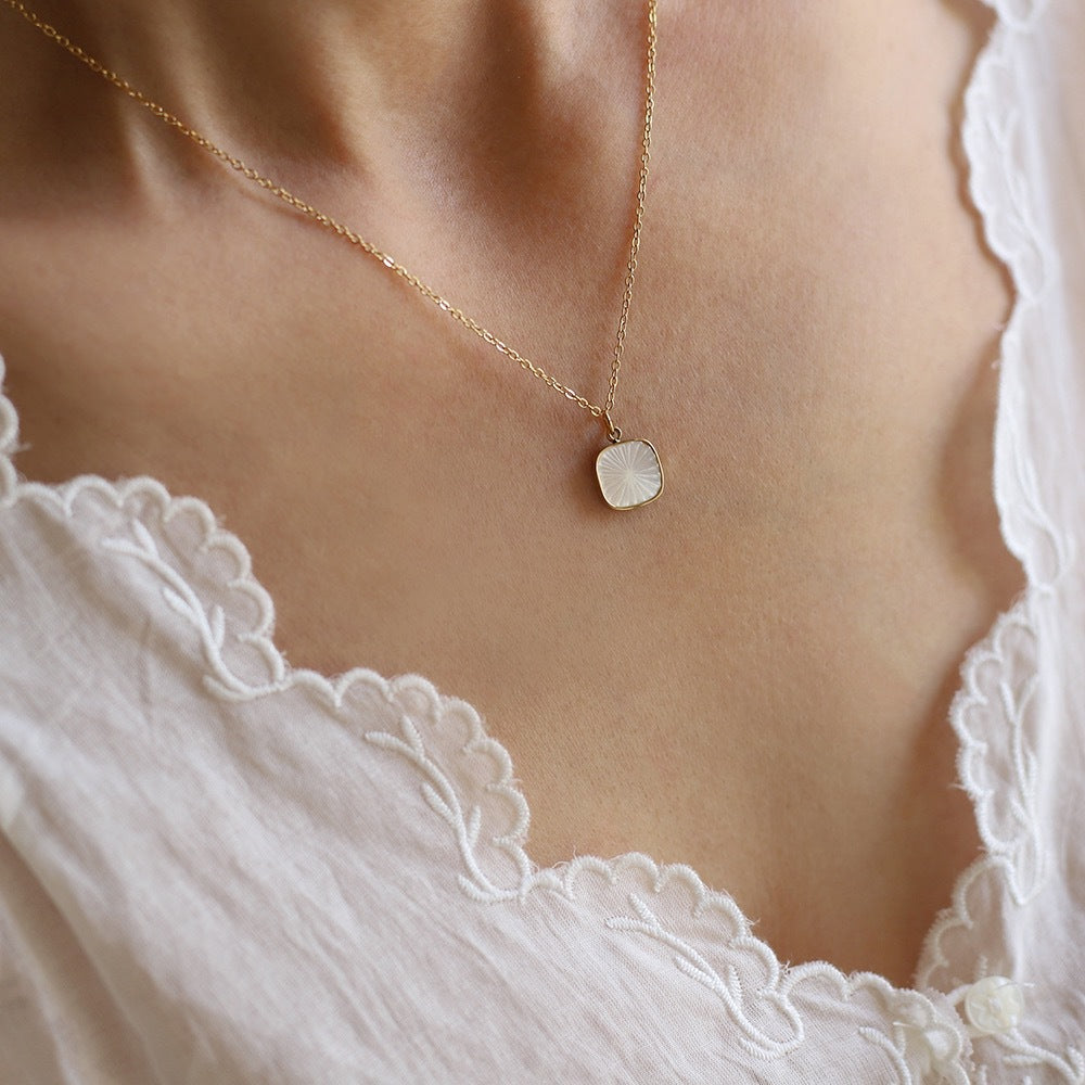 Carved Square Shell Pendant Necklace - Gold - 1