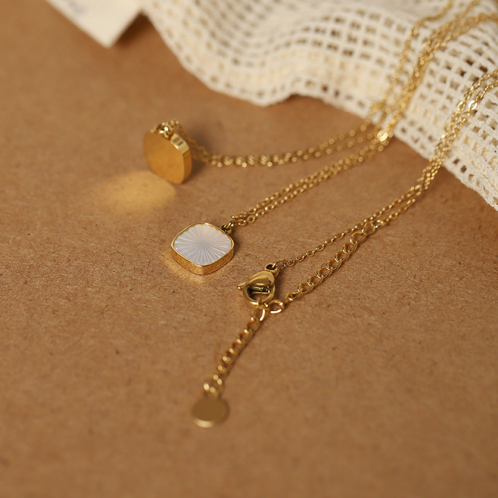 Carved Square Shell Pendant Necklace - Gold - 7
