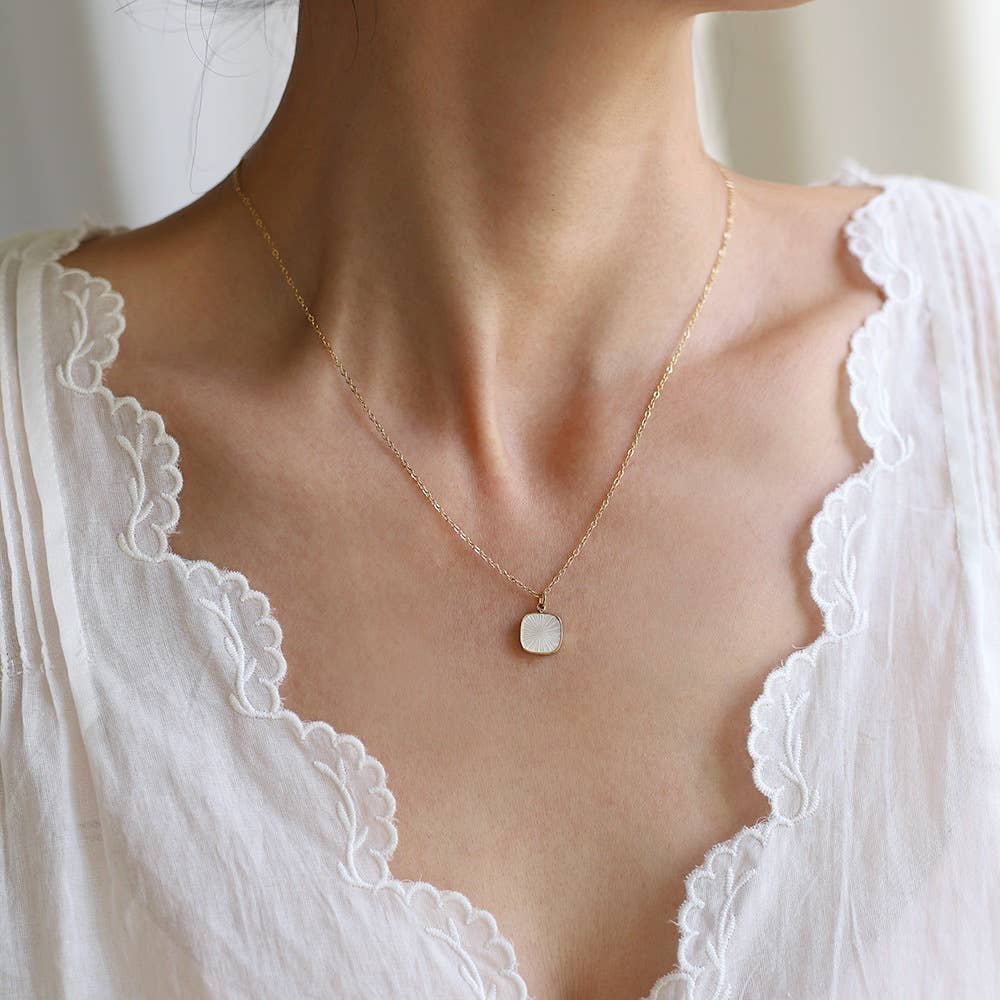 Carved Square Shell Pendant Necklace