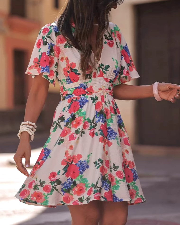 Rose Print Flutter Sleeve Mini Dress - Floral