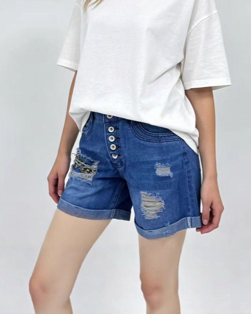 Button Fly Distressed Rolled Cuff Denim Shorts - Blue - 1