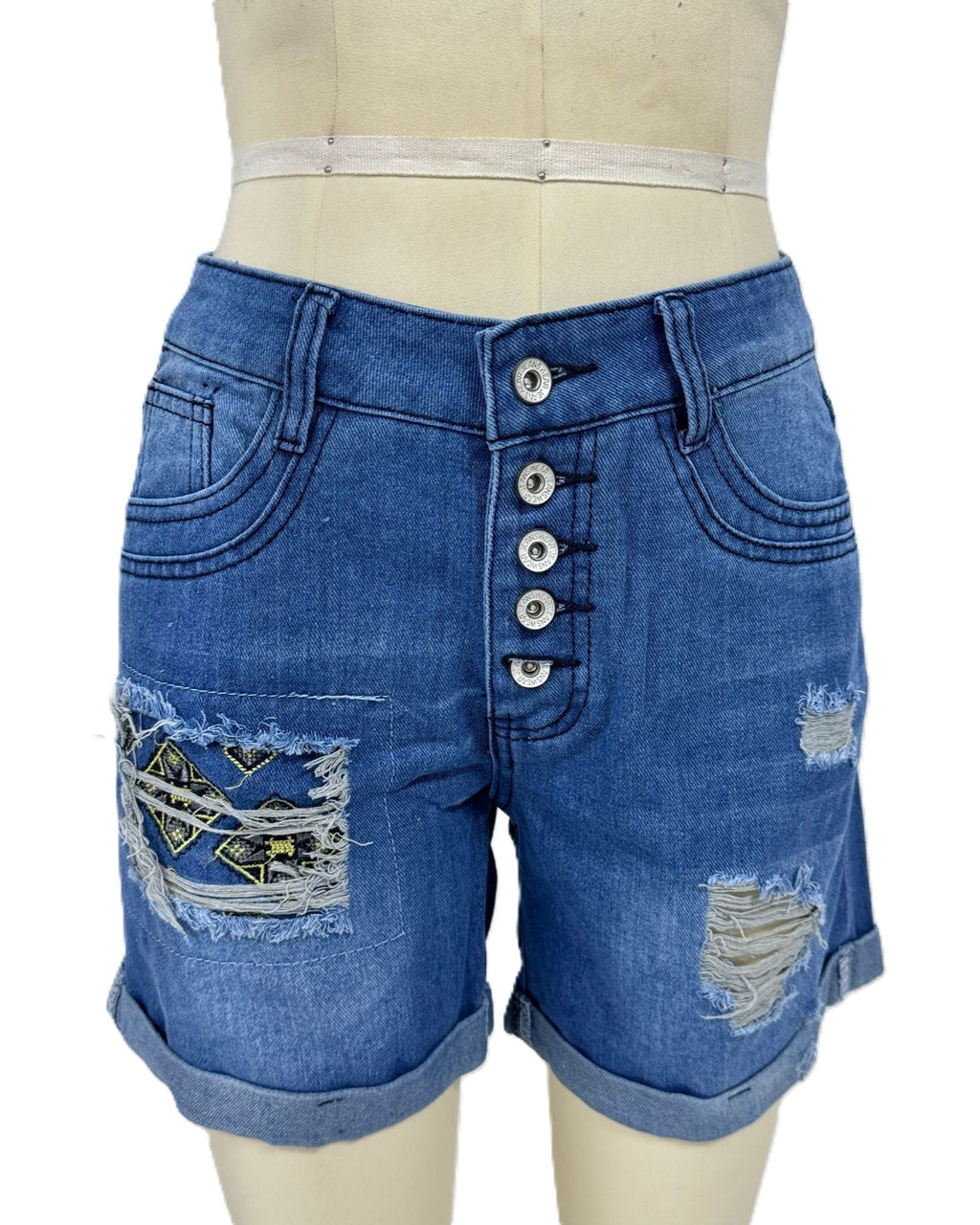 Button Fly Distressed Rolled Cuff Denim Shorts - Blue - 2
